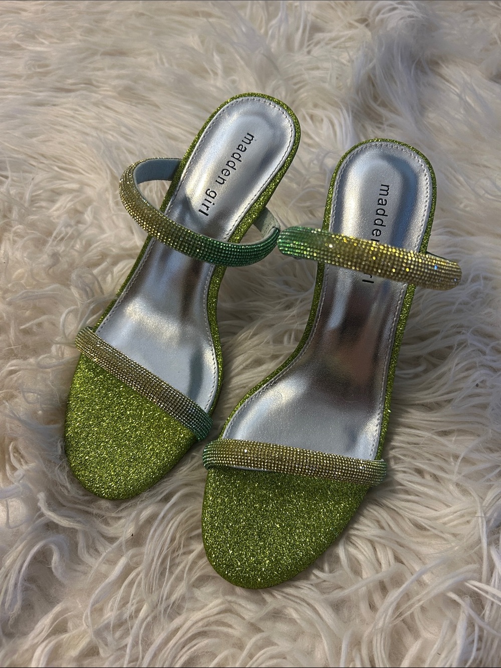 Madden Girl Glitter Lime Green Rhinestone Two-Strap Slide Heels
